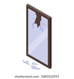 Isometric view of a shattered mirror with fragments on the ground