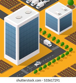 Isometric view of skyscraper office buildings and residential construction area