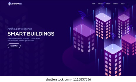 Isometric view of smart buildings, Concept for Artificial Intelligent (AI) landing page. Isometric view of smart buildings, Concept for Artificial Intelligent (AI) landing page.