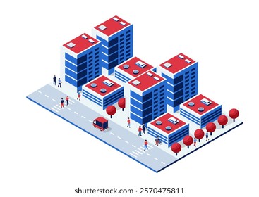 Isometric view of a smart city featuring modern buildings, lush trees, bustling streets, and people walking and commuting throughout the urban landscape