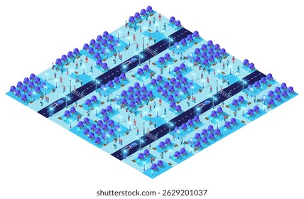 Isometric view of a smart city park at night, featuring glowing trees, streetlights, and people enjoying the urban environment