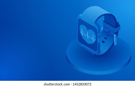 Isometric view smart watch. Blue background. Free space for information or text.