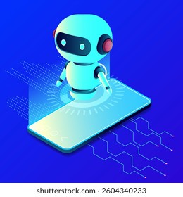 Isometric view of a smartphone and bot on blue technological background. Ideal for technology designs. Abstract digital device interface technology. 3D mobile phone and robot, isometric view.