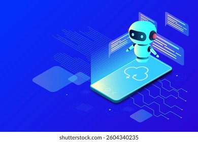 Isometric view of a smartphone and bot on blue technological background. Ideal for technology designs. Abstract digital device interface technology. 3D mobile phone and robot, isometric view.