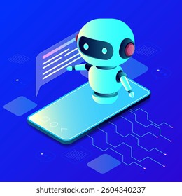 Isometric view of a smartphone and bot on blue technological background. Ideal for technology designs. Abstract digital device interface technology. 3D mobile phone and robot, isometric view.