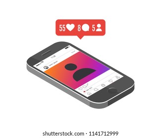 Isometric view of a smartphone with a message from a popular social network