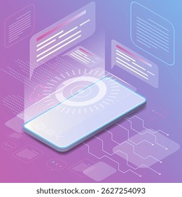 Isometric view of a smartphone on a pink blue technological background. Ideal for technology designs. Abstract digital device interface technology. 3D mobile phone with screen glow, isometric view.