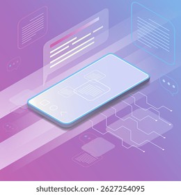 Isometric view of a smartphone on a pink blue technological background. Ideal for technology designs. Abstract digital device interface technology. 3D mobile phone with screen glow, isometric view.