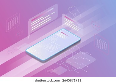 Isometric view of a smartphone on a pink blue technological background. Ideal for technology designs. Abstract digital device interface technology. 3D mobile phone with screen glow, isometric view.