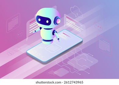 Isometric view of a smartphone and robot on purple technological background. Ideal for technology designs. Abstract digital device interface technology. 3D mobile phone and robot, isometric view.