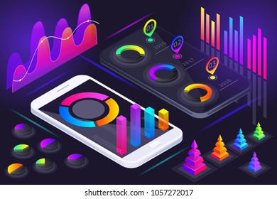 Isometric view of smartphone screen, holographic colorful diagrams, graphs, analytics, reports, profit, market leadership