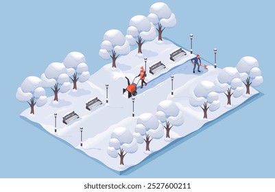 Isometric view of a snowy park scene with workers clearing snow. Vector illustration