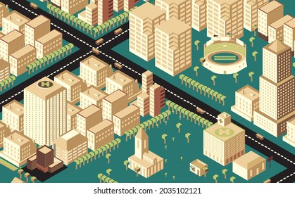 Edificios isométricos estilizados, elementos de juego de estrategia de construcción de ciudades. Ilustración vectorial. 