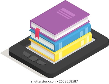 Isometric view of a stack of colorful books with bookmarks placed on top of a black e reader, representing the concept of digital library and ebooks