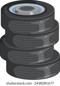 Isometric view of a stack of four car tires.