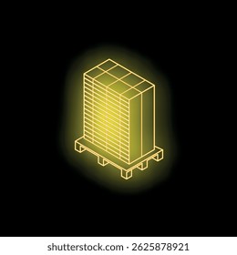 Isometric view of stacked boxes on a wooden pallet emitting a bright neon yellow glow in a dark storage area, symbolizing logistics and warehousing