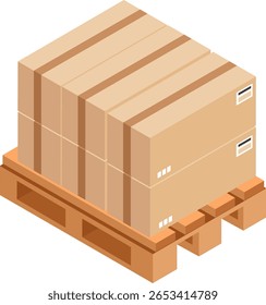 Vista isométrica de cajas de cartón apiladas en una plataforma de madera, que simboliza el almacenamiento eficiente, el transporte y el papel crucial de la logística en la gestión de la cadena de suministro