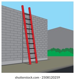 Isometric view of straight ladder installation on the wall. Vector illustration of safety standard for using the equipment and tools for proper access of work at height