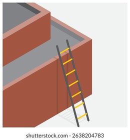Isometric view of a straight portable ladder leaning against brick wall illustration.