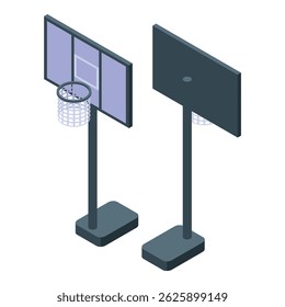 Vista isométrica de uma quadra de basquete de rua mostrando backboard e aro
