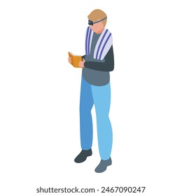 Isometric view of a stylish man engrossed in a book, set against a plain background