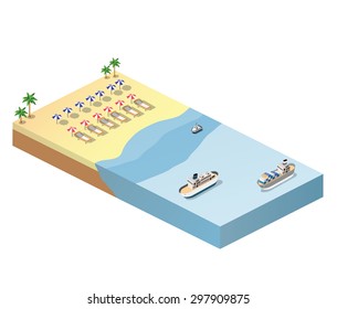 Isometric view of the sunny beach with umbrellas, deck chairs and blue sea with ships