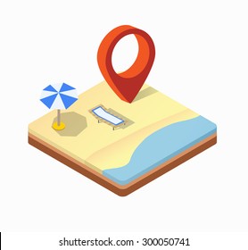 Isometric view of the sunny beach with umbrellas, deck chairs and blue sea 