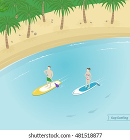 Isometric view. Sup surfing. Man and woman do stand up paddling on water. Vector illustration. 