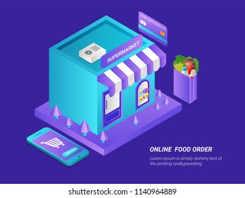 Isometric view of supermarket with smartphone for E-Shop or Online Food Order concept.