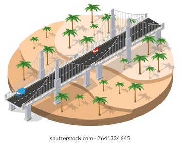 Isometric view of a suspension bridge over a desert landscape with palm trees and two cars crossing