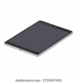 Vista isométrica de um dispositivo tablet com tela escura e acabamento prateado