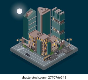 Isometric view of tall and small city buildings with streets and cars, shown in isometric style on a dark night sky background, representing urban nightlife. Hand-drawn vector illustration