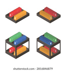 Isometric view of tea bag and sugar stick organizer rack for cafe counter