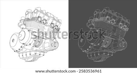 Isometric view Technical Line Drawing of a 750cc 4-Cylinder Motorcycle Engine