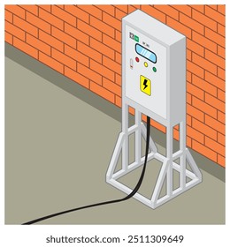 Vista isométrica de la caja temporal del panel de distribución eléctrica cerca de la pared con el cable en la Ilustración vectorial de tierra.