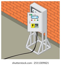Isometric view of temporary electrical distribution board panel box near the wall with cable lay on the ground and opened door vector illustration.