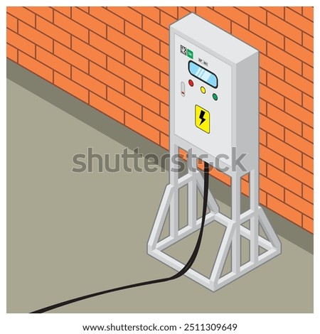 Isometric view of temporary electrical distribution board panel box near the wall with cable on the ground vector illustration.