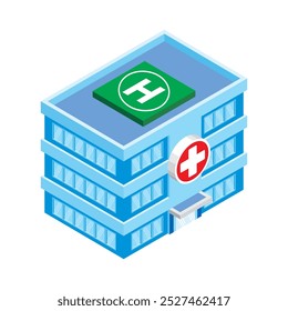 Isometric view of three floor of a hospital building with helipad on rooftop. Icon and symbol.