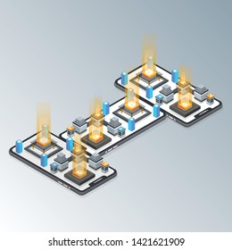 Isometric view of three mobile phones right with message,contact,stastics, settings functions