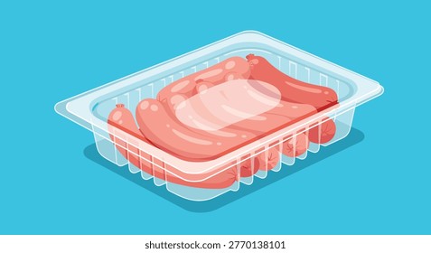 Isometric view of a transparent plastic food container filled with fresh raw sausages ready for cooking or storage on a blue background.