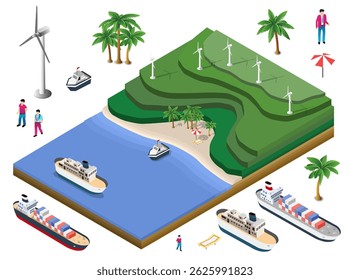 Vista isométrica de uma ilha tropical com turbinas eólicas para energia renovável, navios de carga, navios de cruzeiro e turistas relaxando na praia