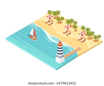 Isometric view of a tropical sand beach with sunbeds under an umbrella, palm trees, and a sailing boat with lighthouse, vector illustration isolated on a white background