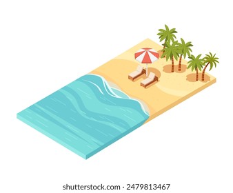 Vista isométrica de una playa de arena tropical con tumbonas bajo una sombrilla, palmeras, Ilustración vectorial aislada sobre un fondo blanco