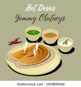 Isometric view of two dosas with three chutneys
