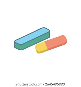 Vista isométrica de dois apagadores com contornos limpos. Design plano em fundo branco com cores brilhantes.