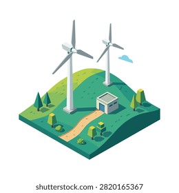 Isometric view of two white wind turbines on rolling green hills, a small white building, and a winding path.