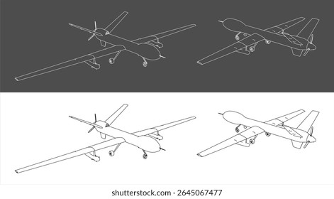 Vista isométrica VANT Drones planta desenho de linha técnica. definir Drone militar não tripulado isolado no fundo cinza e transparente