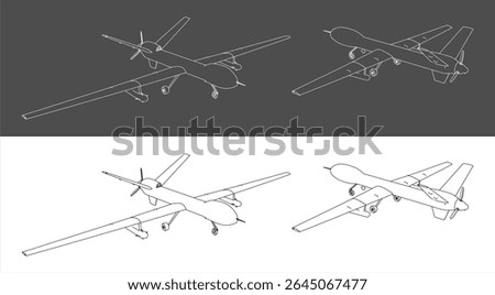 Isometric view UAV Drones blueprint technical line drawing. set Unmanned Military Drone isolated on gray and transparent background