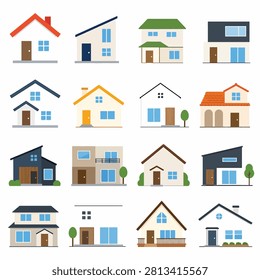 Isometric view of various brightly colored modern houses with windows and doors