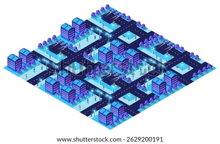 Isometric view of a vibrant city at night, featuring glowing buildings, street lights, roads, trees, and people walking, creating a futuristic urban scene